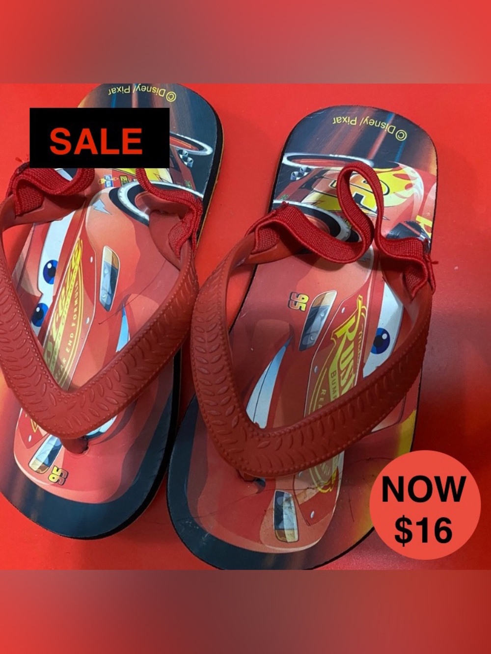 NWOT H&M Official Disney Lightning McQueen Kids' Flip-Flops – Size 7.5-8
